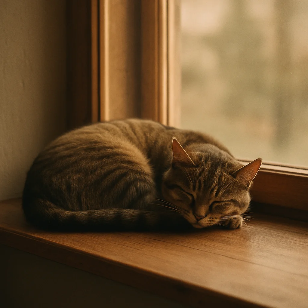 A tabby cat is curled up and sleeping peacefully on a warm wooden windowsill.