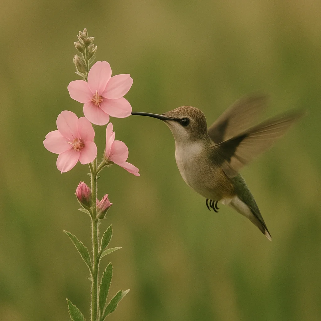 A small hummingbird with a long beak sips nectar from delicate pink flowers.