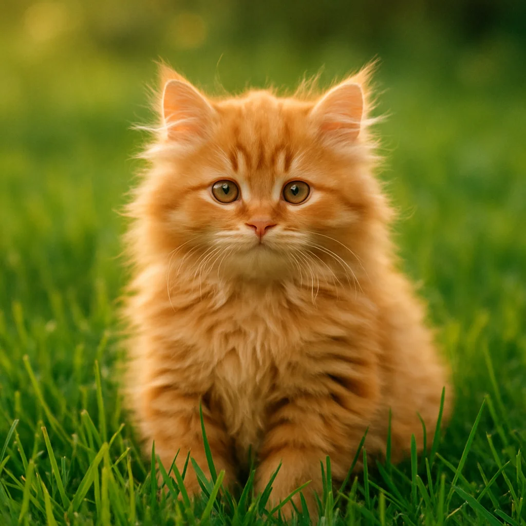 A fluffy orange kitten with big eyes sits in vibrant green grass.
