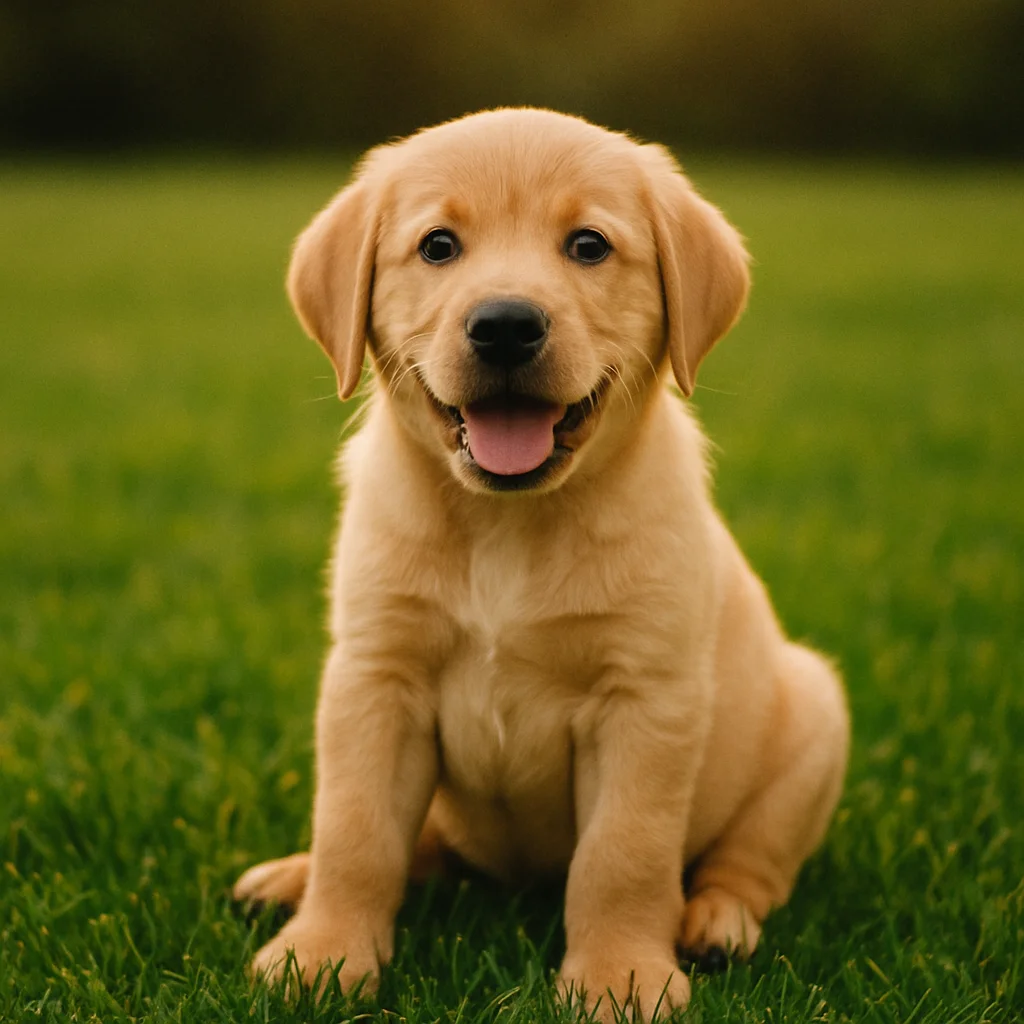 A cute golden retriever puppy sits on green grass, smiling happily at the camera.