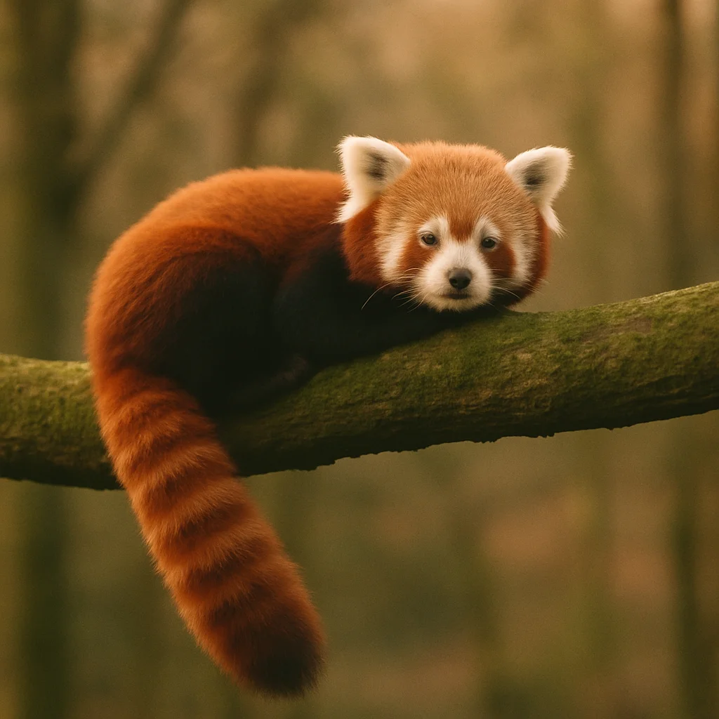 Jigsaw puzzle: A red panda with reddish fur and a ringed tail rests on a mossy tree branch.
