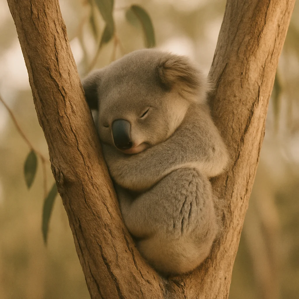 Jigsaw puzzle: A fluffy grey koala sleeps soundly, curled up between two brown tree branches.
