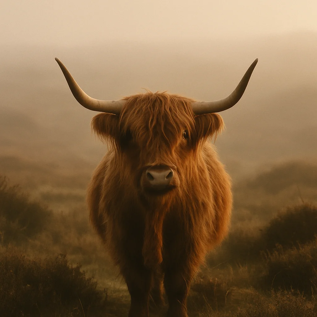 Jigsaw puzzle: A shaggy brown Highland cow with long horns stands in a misty, muted landscape.