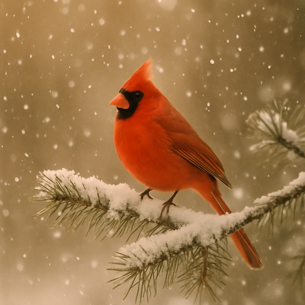 Jigsaw puzzle: A bright red cardinal with black face markings perches on a snow-covered pine branch.