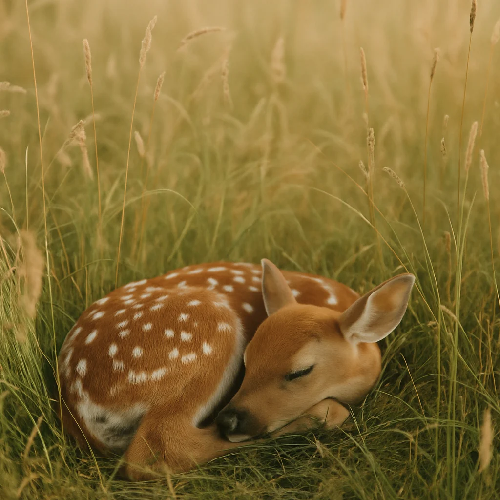 Jigsaw puzzle: A spotted fawn sleeps curled up in a field of golden-green tall grass.