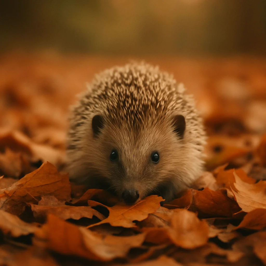 Jigsaw puzzle: A small hedgehog with spiky fur peeks out from a bed of orange autumn leaves.