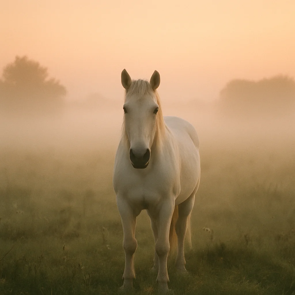 A white horse stands in a misty field at sunrise or sunset, looking directly forward.