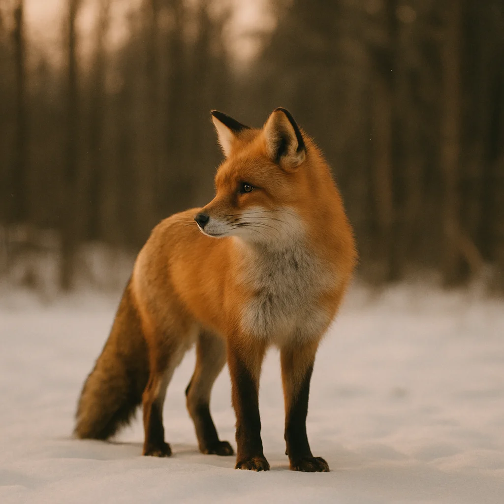 A vibrant red fox stands alert in a snowy forest, looking toward the left.
