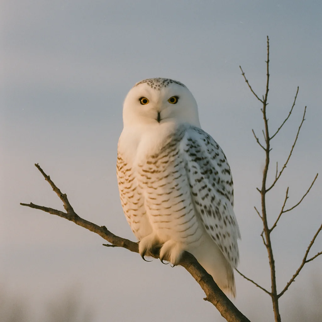 A beautiful snowy owl with bright yellow eyes sits perched on a bare tree branch.