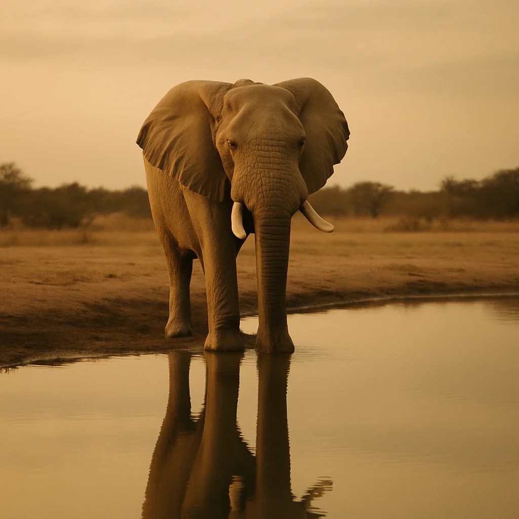 An African elephant stands at the edge of a watering hole reflecting its image.