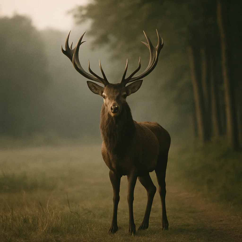 A majestic stag with large antlers stands on a path in a misty, muted forest.