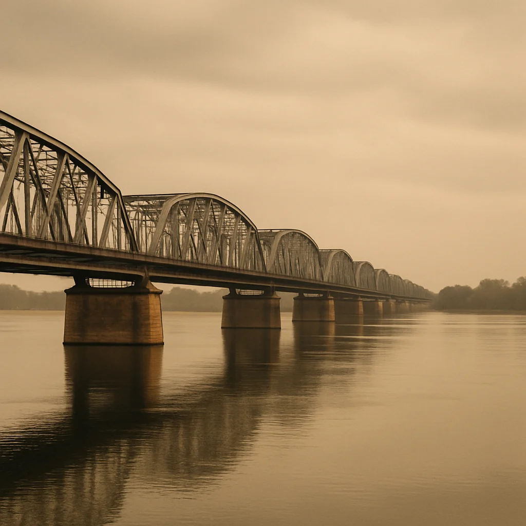 A long, multi-arch steel truss bridge extends over calm water under an overcast sky.