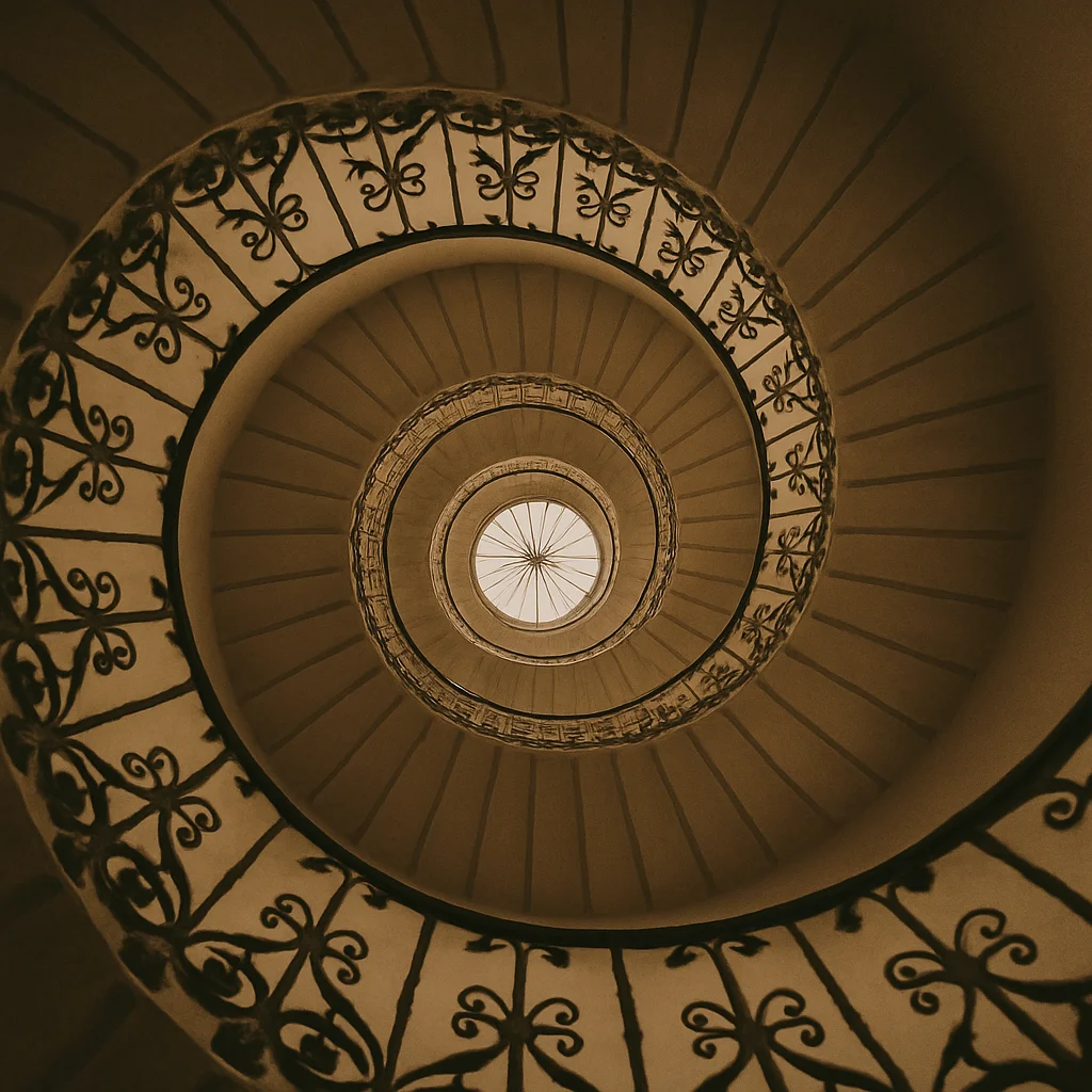 Looking up an elegant spiral staircase with intricate wrought iron railings and a central skylight.