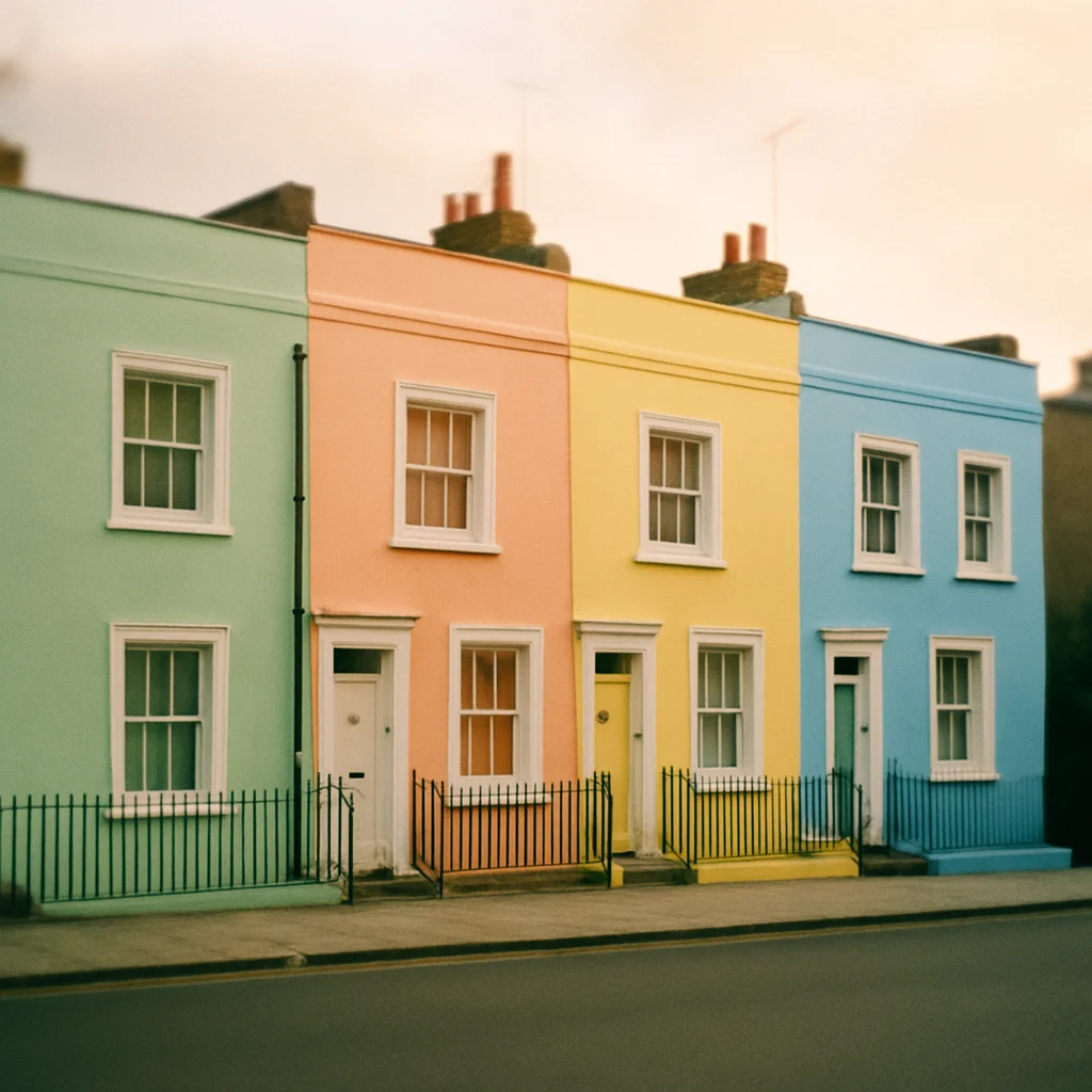 A row of four terraced houses painted in pastel green, peach, yellow, and blue.