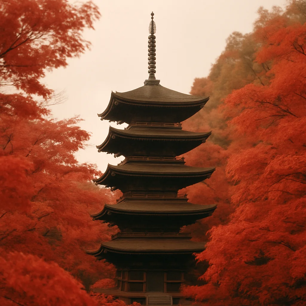 Jigsaw puzzle: A dark, multi-tiered Japanese pagoda stands tall amidst vibrant red autumn maple trees.