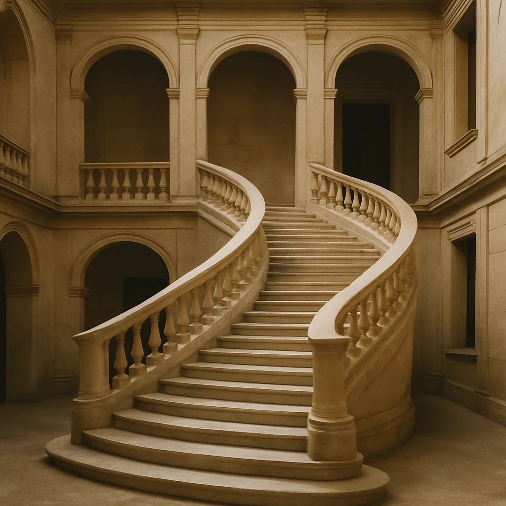 A grand, curved stone staircase with balustrades and arches in a sepia-toned building interior.