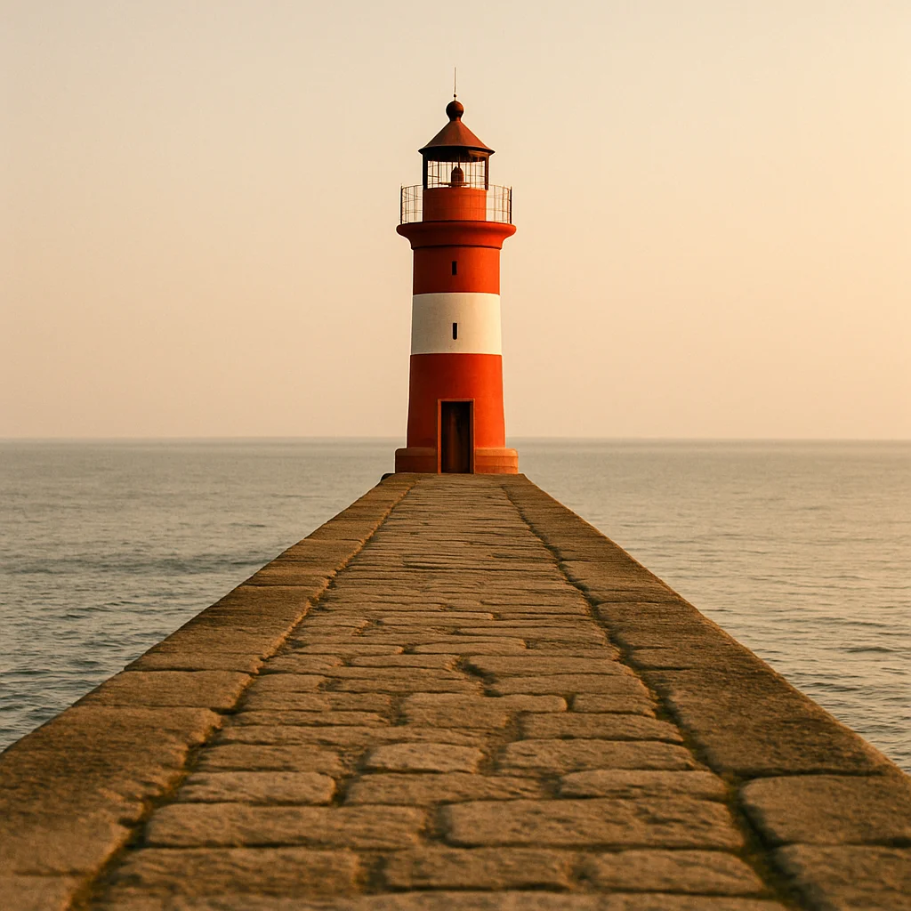 Red and white lighthouse stands on a stone pier extending into the calm ocean.