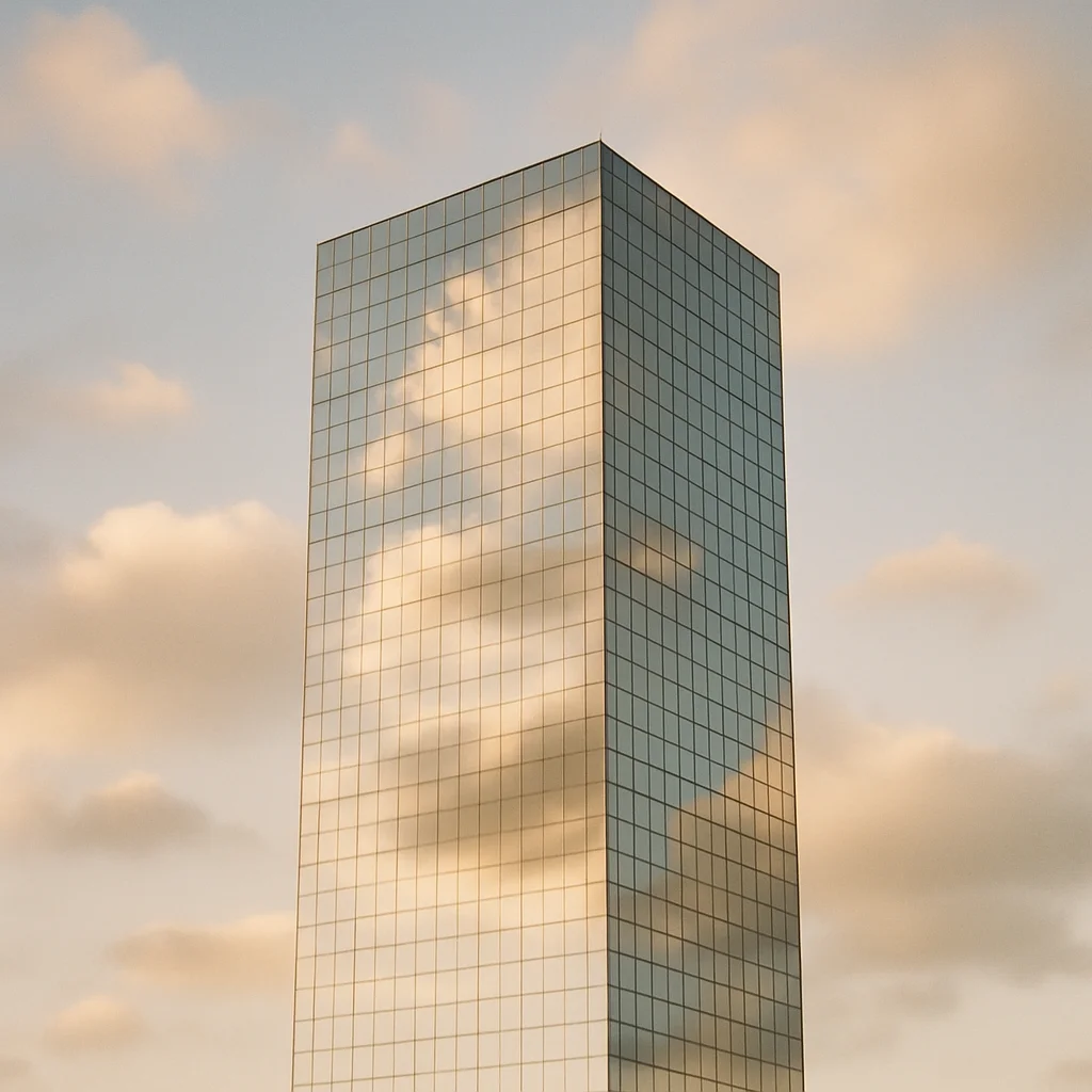 A tall, modern glass skyscraper reflecting clouds and a soft sky at sunset.