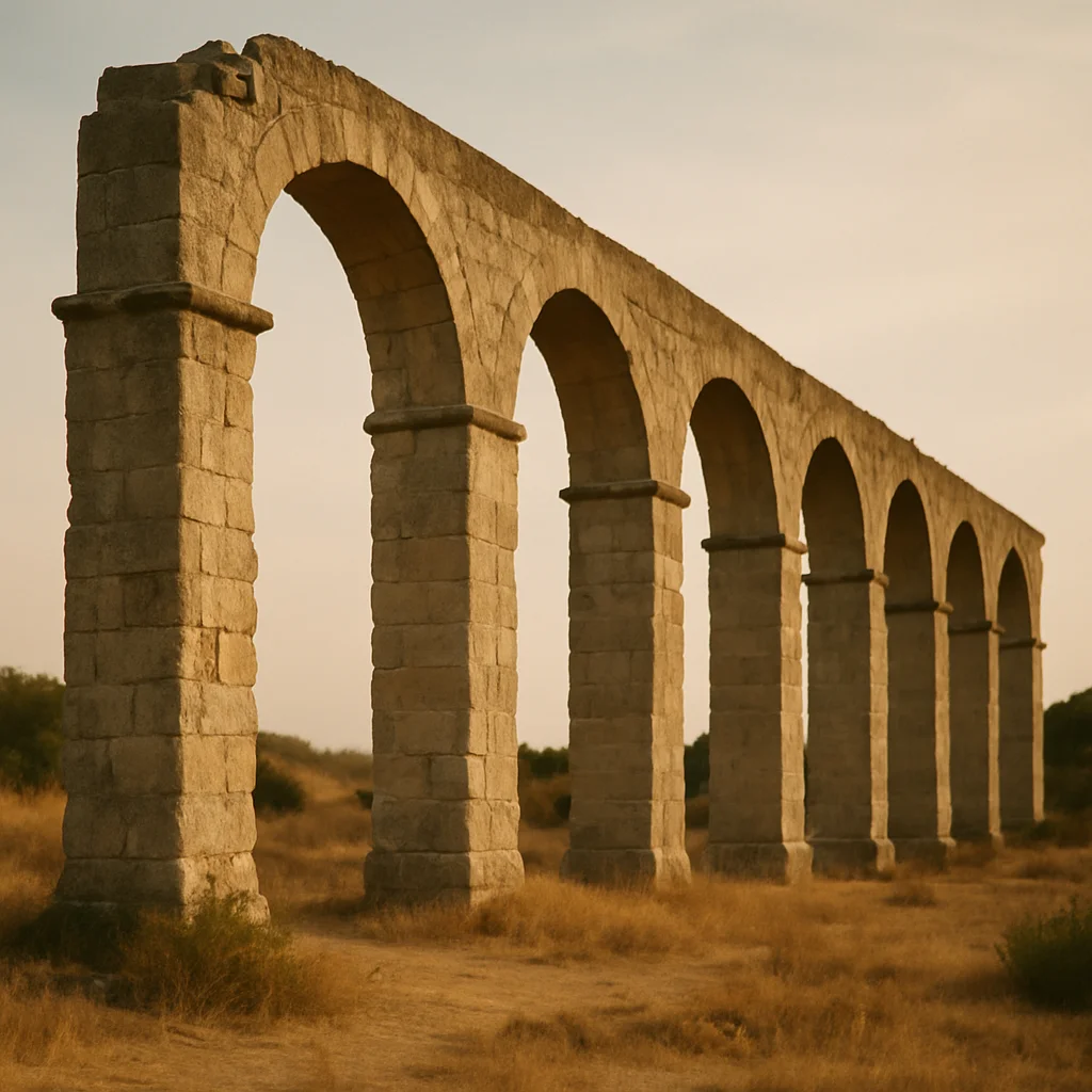 A long, ancient stone aqueduct with multiple arches stands against a warm, clear sky.