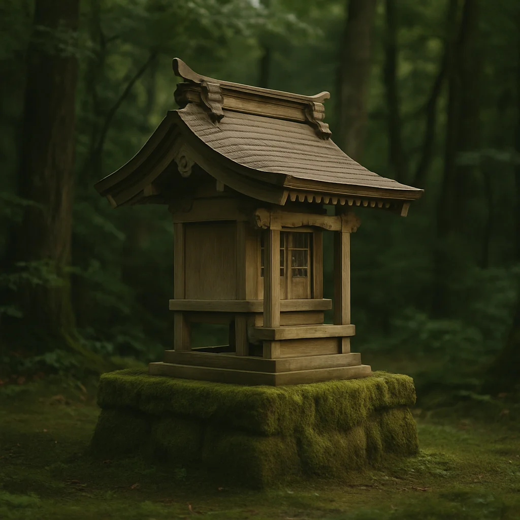 A small, traditional wooden shrine sits on a moss-covered stone in a dense green forest.