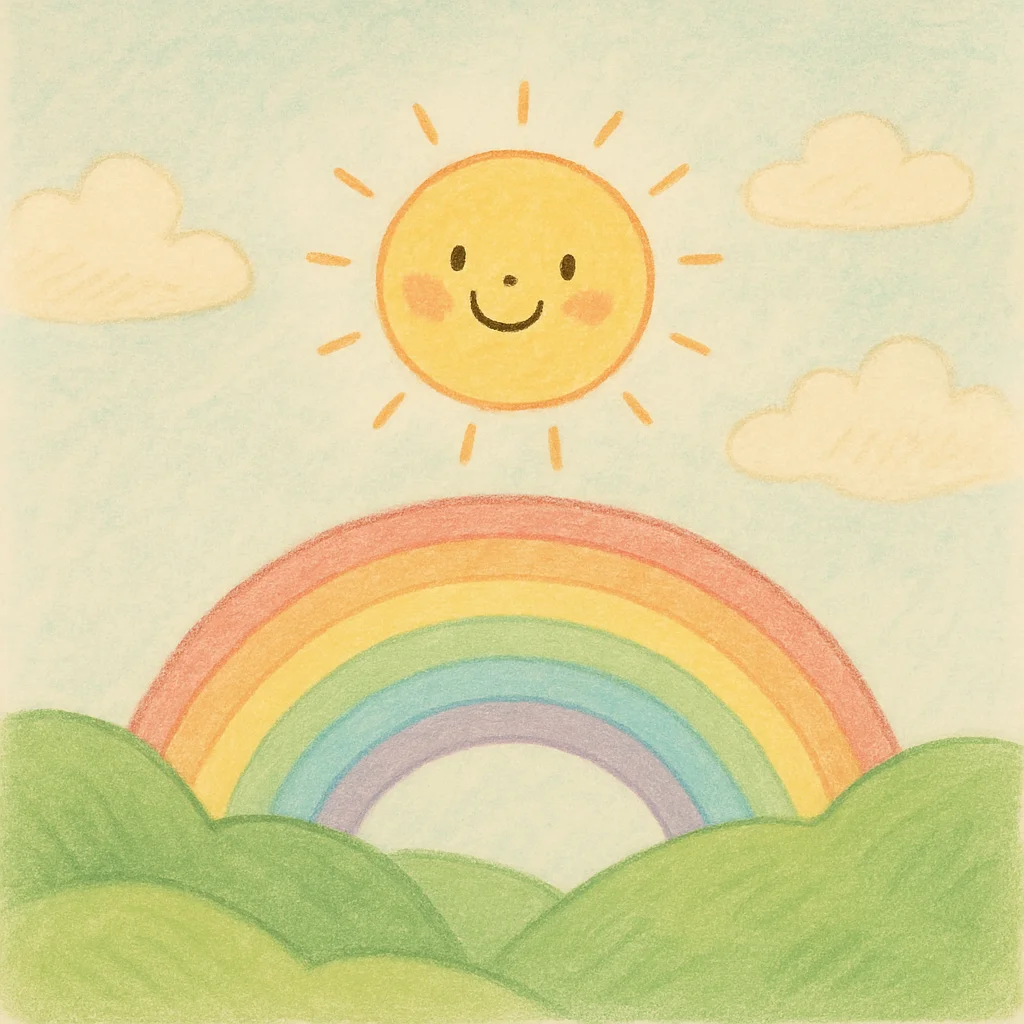 A cheerful crayon drawing of a smiling sun, clouds, a rainbow, and green hills.