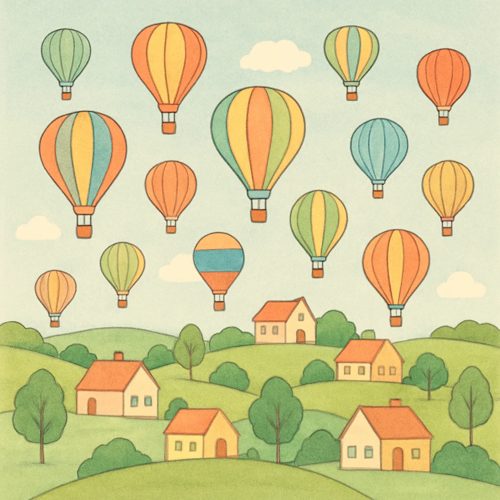 Numerous pastel hot air balloons float above a quaint village nestled among green hills.
