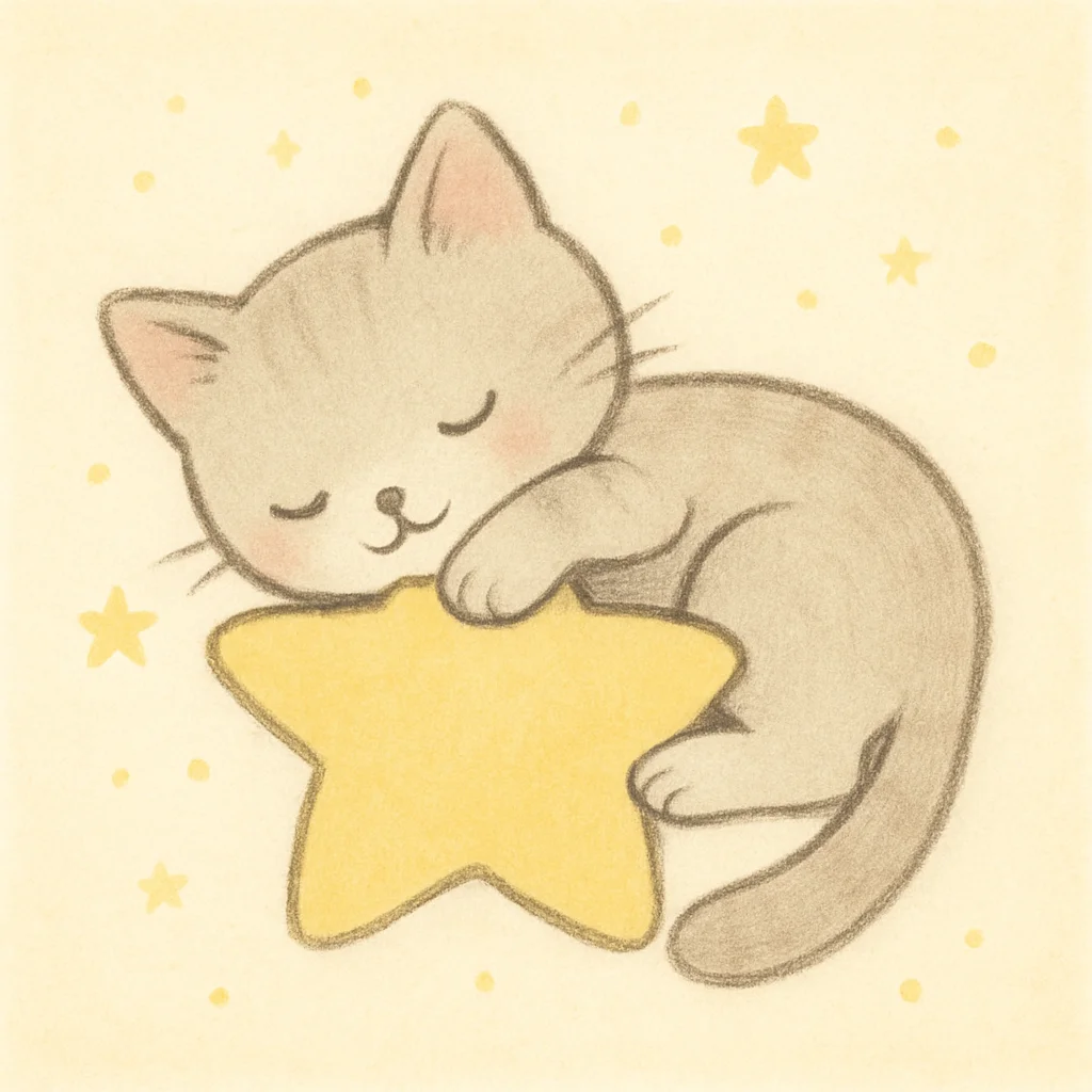 A cute cartoon grey kitten is sleeping soundly on a large yellow star.