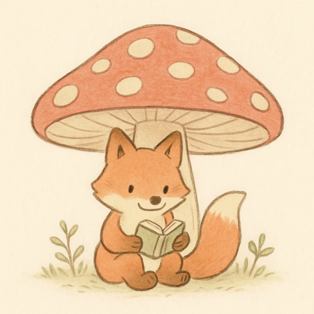 Jigsaw puzzle: A cute cartoon fox sits under a red mushroom, reading a small green book.