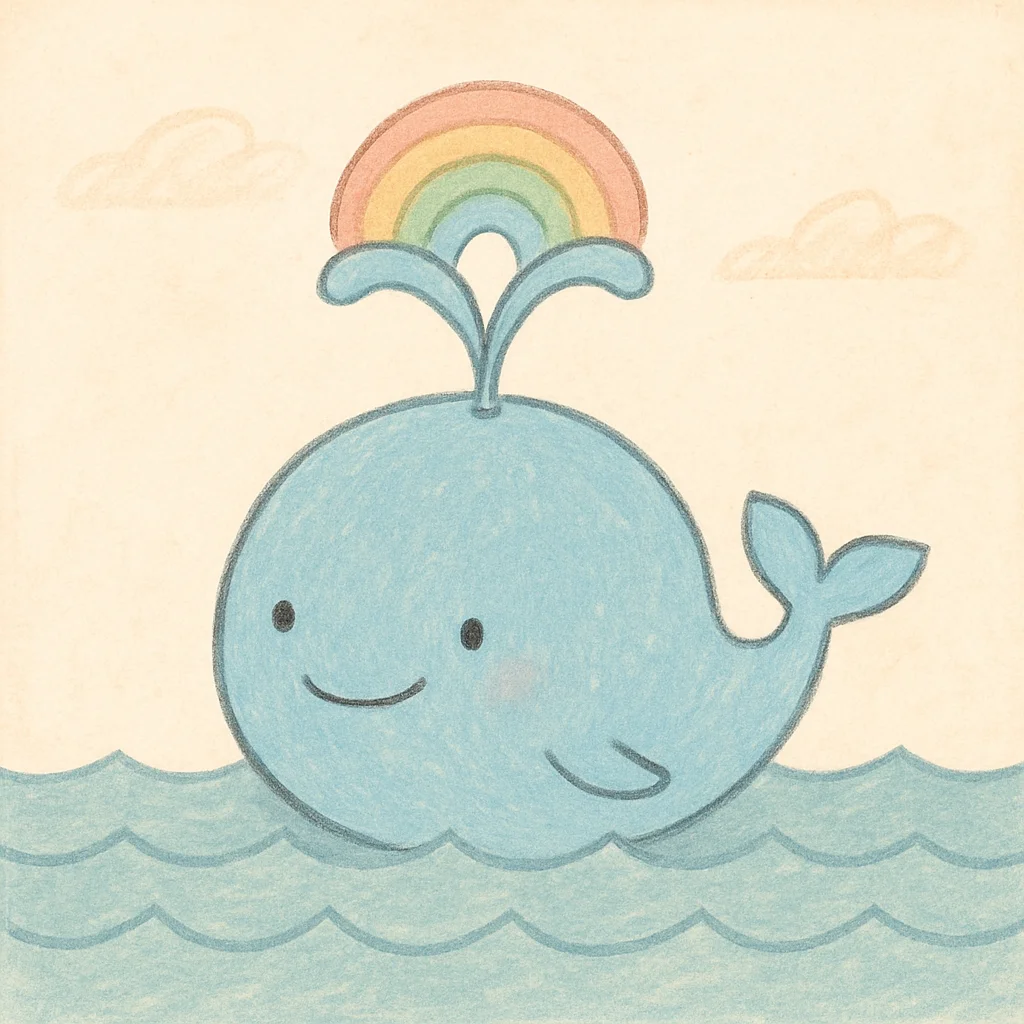 Jigsaw puzzle: A delightful blue cartoon whale with a rainbow arching from its blowhole.
