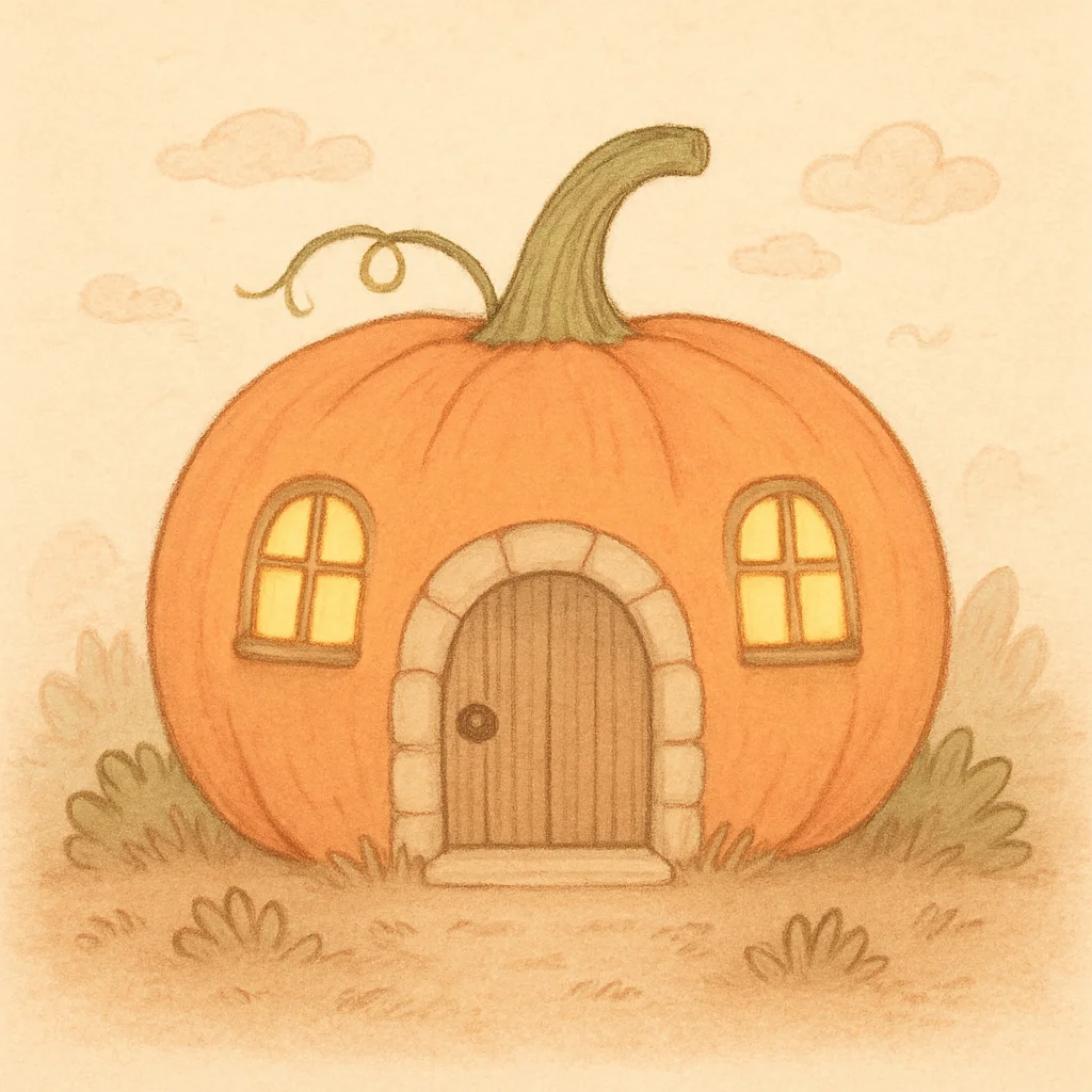 Jigsaw puzzle: A whimsical cartoon illustration of an orange pumpkin house with a wooden door and glowing windows.