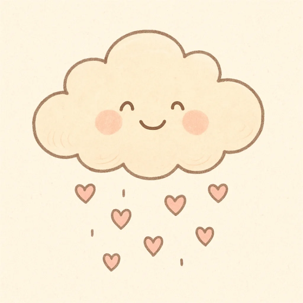 Jigsaw puzzle: A cute, smiling cartoon cloud with pink cheeks rains pink heart-shaped drops.