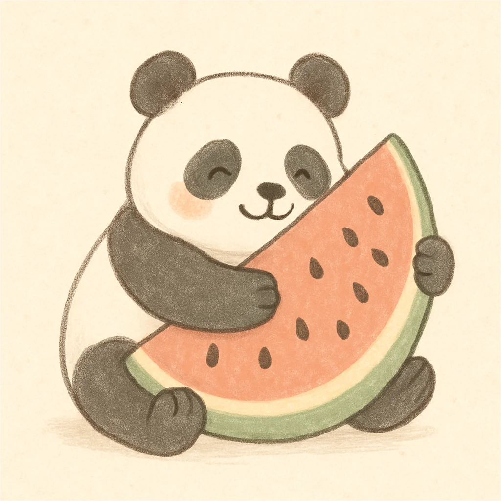 Jigsaw puzzle: A cute cartoon panda happily hugs a large slice of watermelon.
