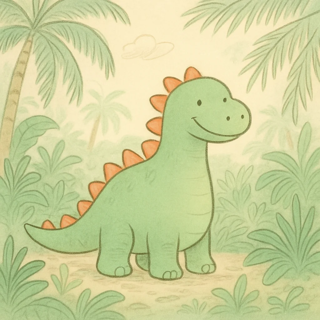 A smiling green cartoon dinosaur with orange spikes stands in a prehistoric jungle scene.