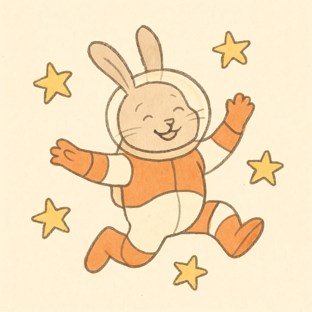 A smiling cartoon rabbit in an orange and white astronaut suit floats among yellow stars.