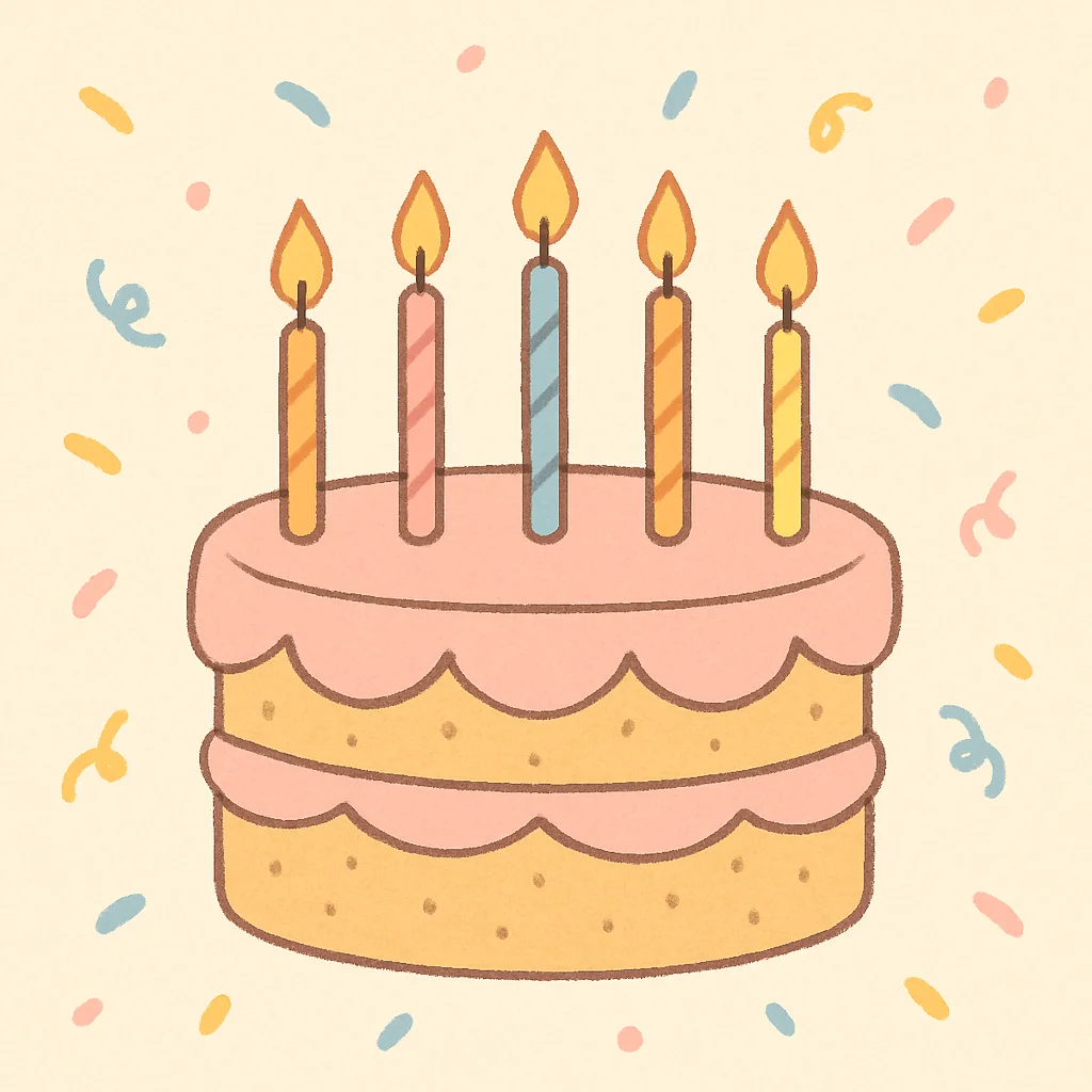 A cartoon birthday cake with five lit candles and colorful confetti sprinkles around it.