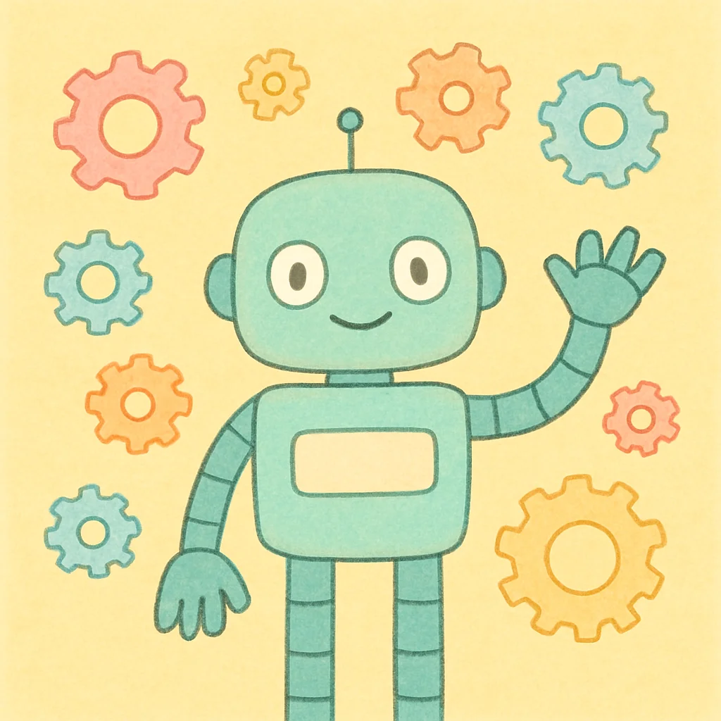 A smiling teal robot waves, surrounded by colorful gears on a textured yellow background.