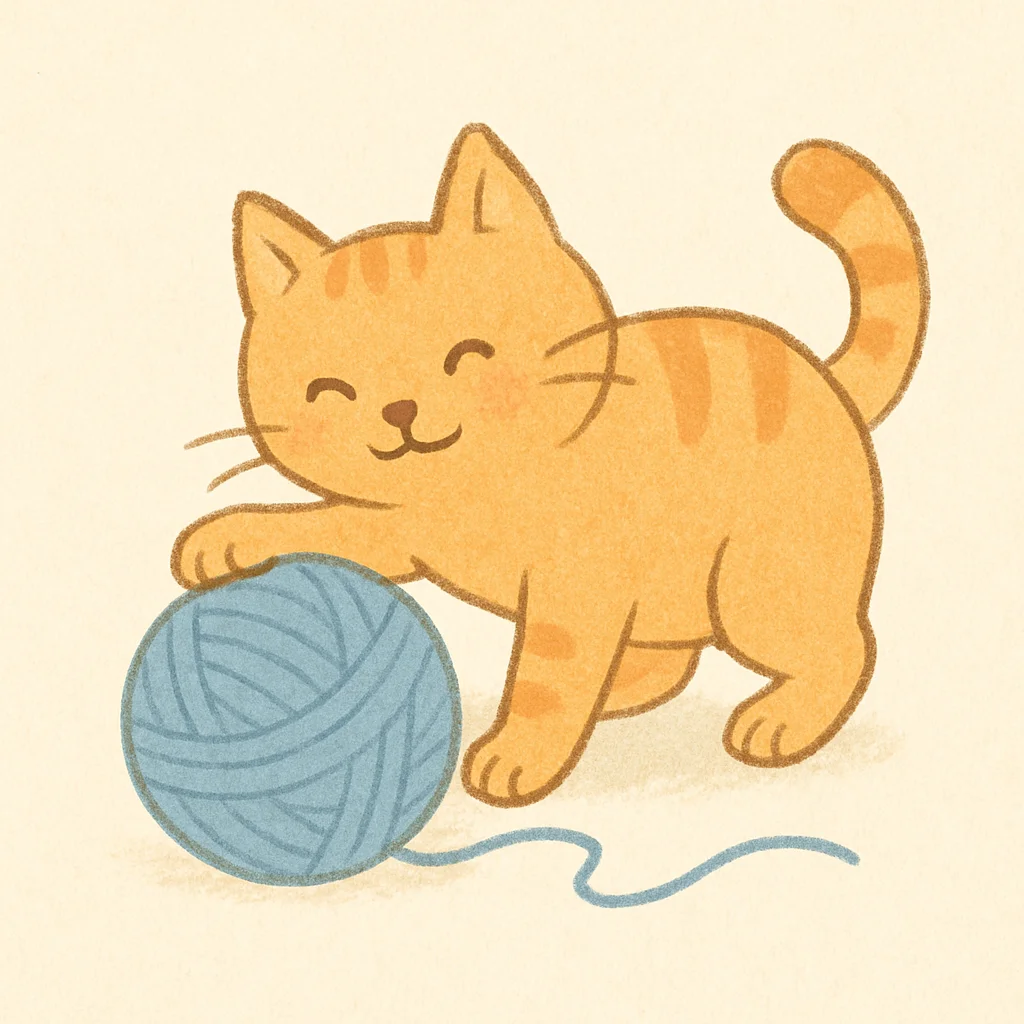 A charming cartoon orange tabby cat happily pounces on a large blue ball of yarn.