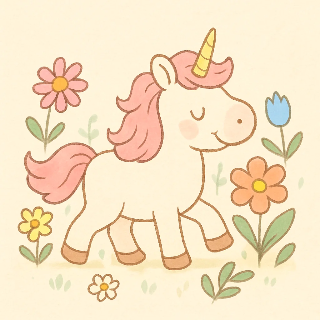 A cute cartoon unicorn with a pink mane walks happily among colorful spring flowers.