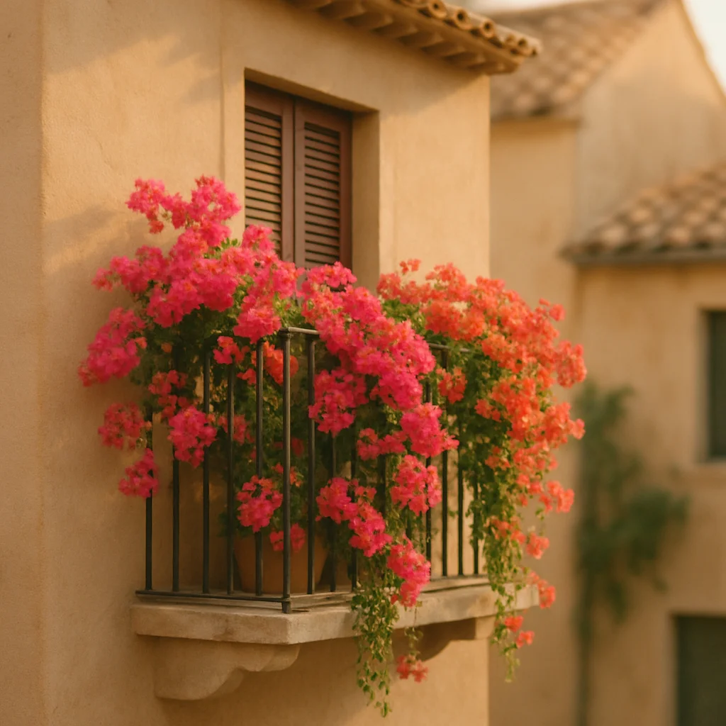 A charming balcony on a beige building overflowing with vibrant pink and orange bougainvillea.