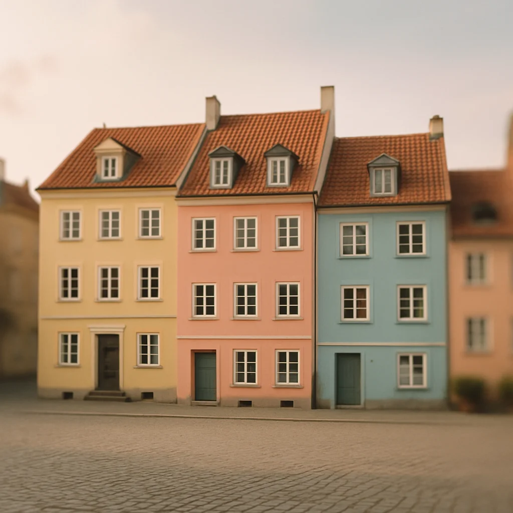 Three charming pastel-colored old houses with many windows line a cobblestone street.