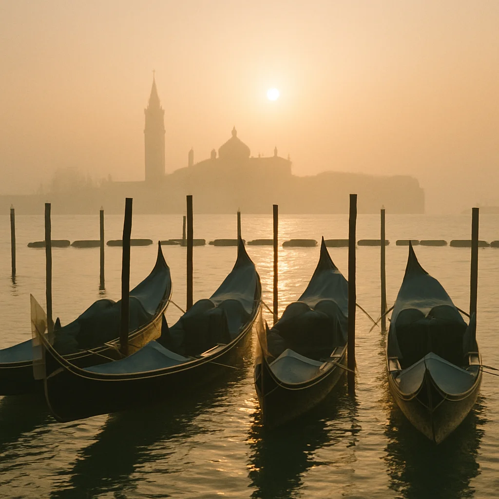 Jigsaw puzzle: Four gondolas rest on calm water with a misty sunrise over Venice's skyline.