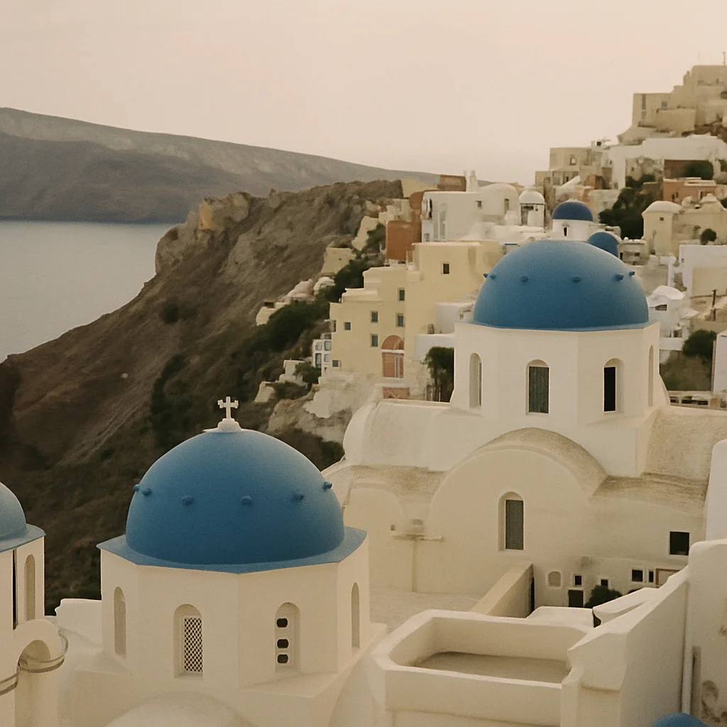 Jigsaw puzzle: White buildings with blue domes overlook the sea and a rugged cliffside in Santorini, Greece.