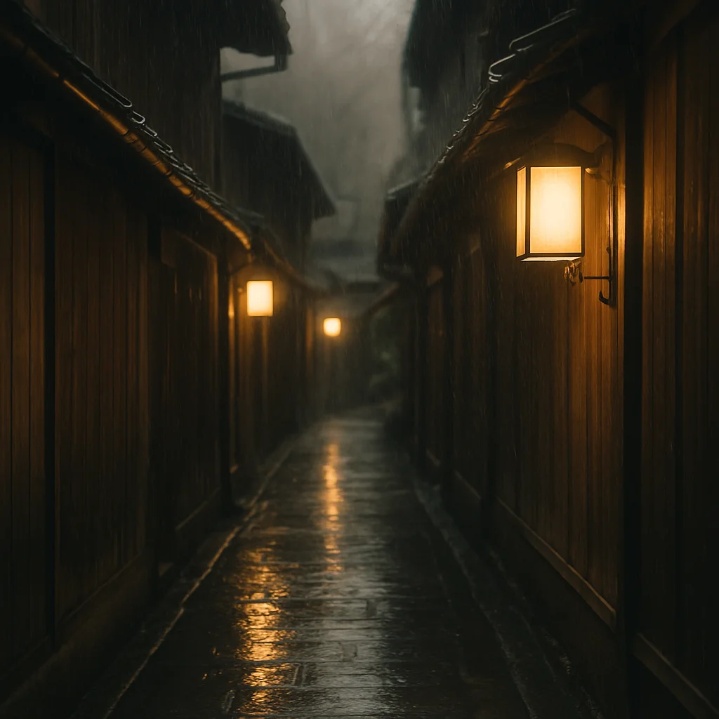 Jigsaw puzzle: A narrow alley with wooden buildings and glowing lanterns on a rainy night.