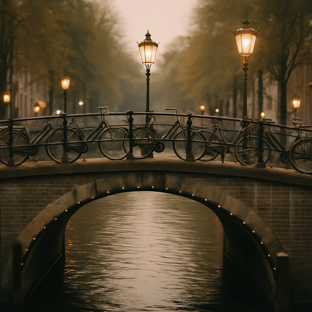 Jigsaw puzzle: Bicycles parked on an old stone bridge over a canal at dusk, illuminated by streetlights.