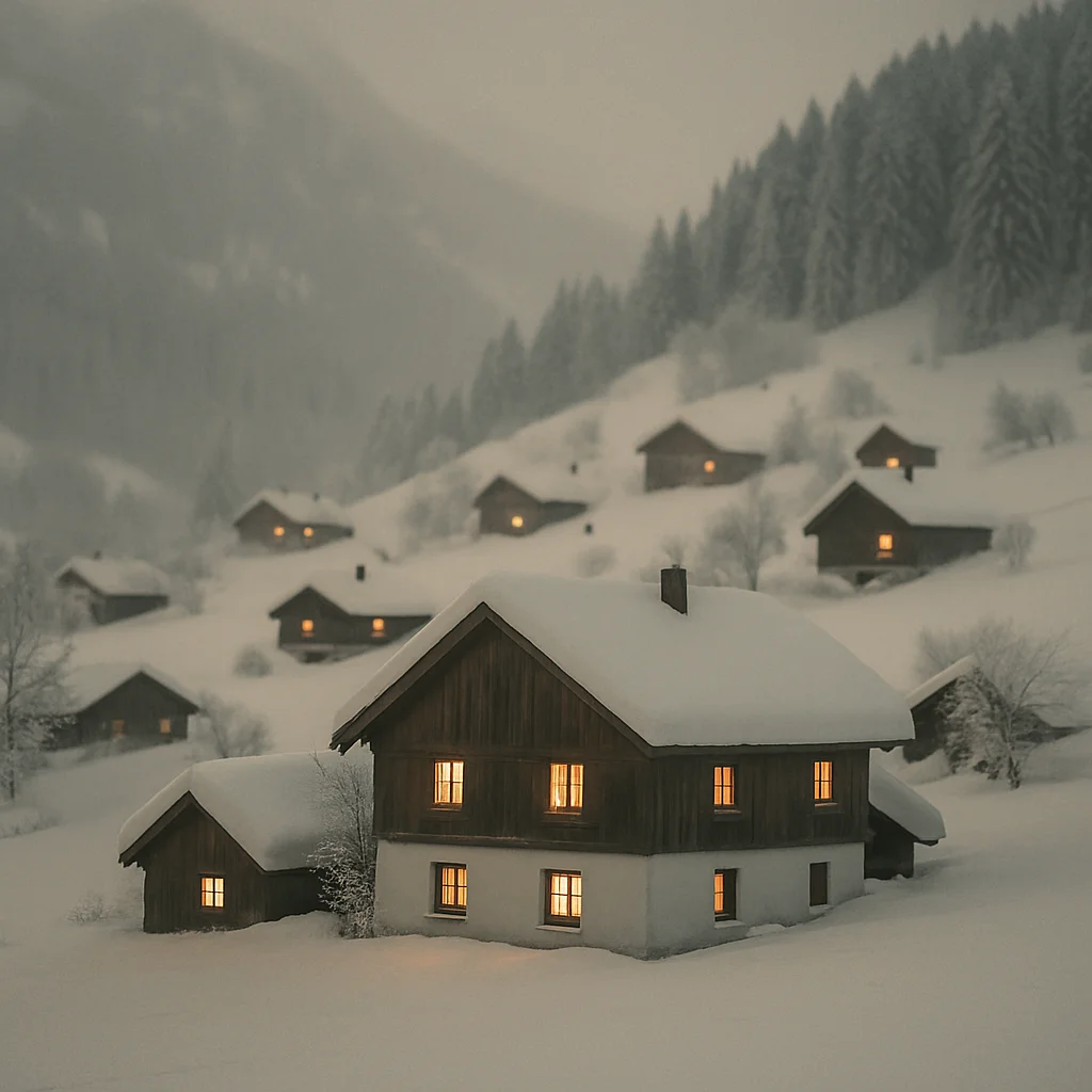 Jigsaw puzzle: Multiple snow-covered houses with warm glowing windows are nestled on a snowy hillside.