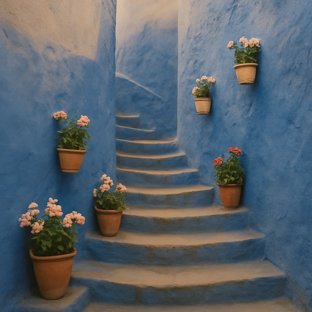 Jigsaw puzzle: A winding blue staircase with textured walls adorned by terracotta pots of blooming flowers.