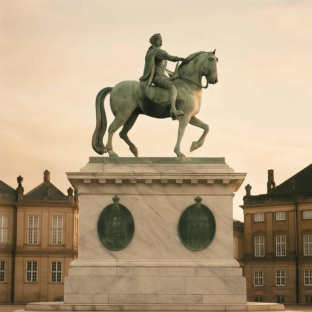 Bronze equestrian statue on a marble pedestal with classical buildings behind it.