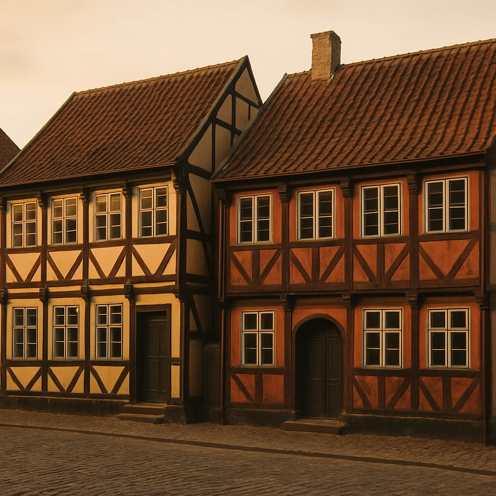 Two traditional half-timbered houses with tiled roofs stand on a cobblestone street.