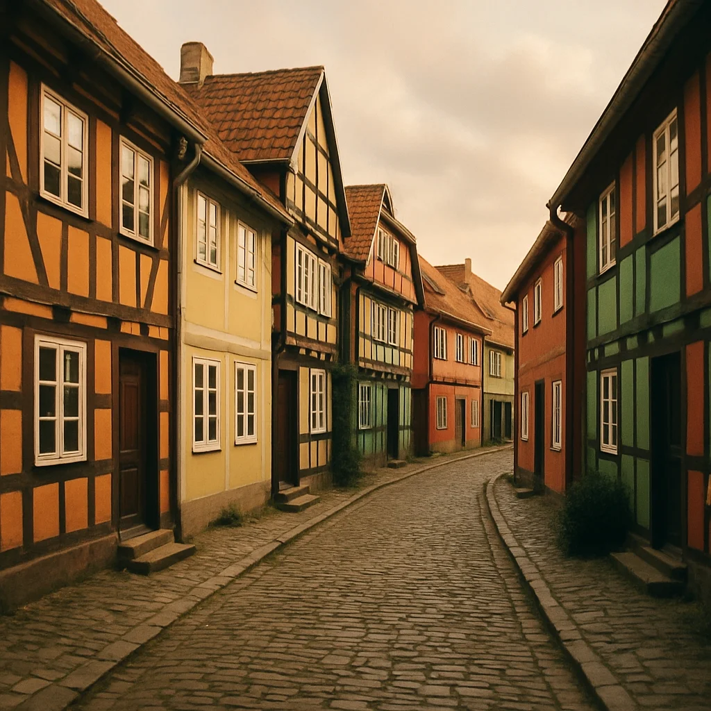 A curved cobblestone street lined with colorful half-timbered houses under an overcast sky.