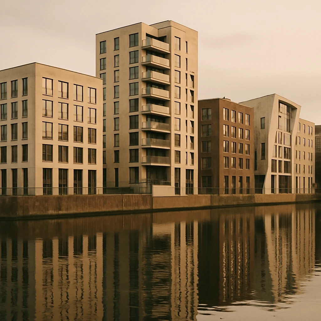 A row of modern apartment buildings with balconies reflecting in calm water under an overcast sky.